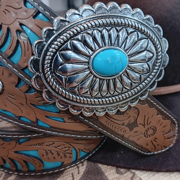 Accessories - Blue Turquoise and Brown Belt with Intricate Silver Details
